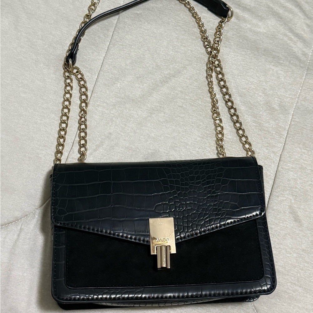 Aldo Black Croc-Embossed Shoulder Bag with Gold Chain